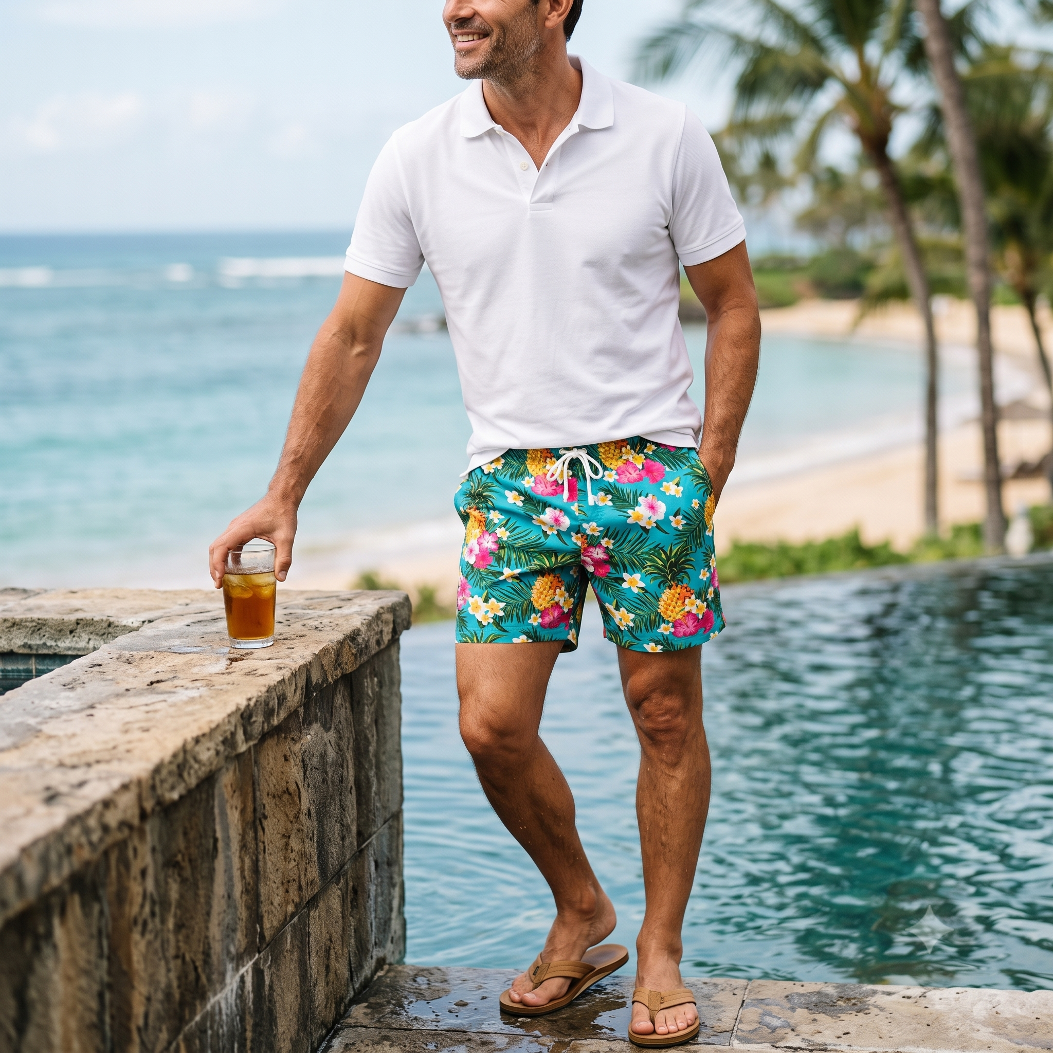 A man in a white polo shirt and floral swim trunks stands by a pool, holding a drink. Palm trees, beach, and ocean are visible in the background on a sunny day.