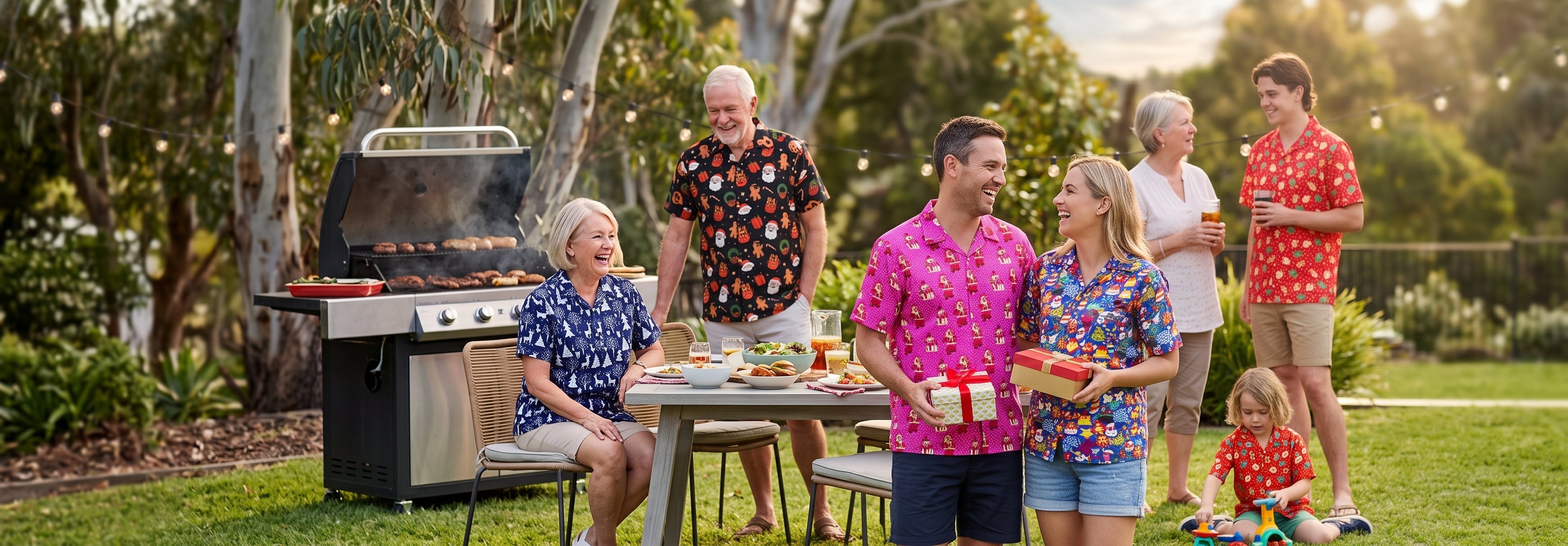 Six adults and one child gather outdoors near a grill and table with food. Some stand, some sit, and one child plays on the grass. Trees and string lights are visible in the background.