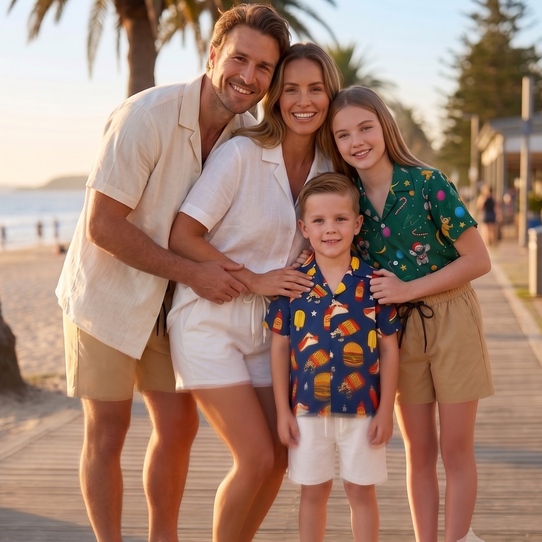 A family of four poses on a boardwalk by the beach, smiling at the camera. Palm trees and a sandy shore are visible in the background. They are dressed in light, summery clothes.