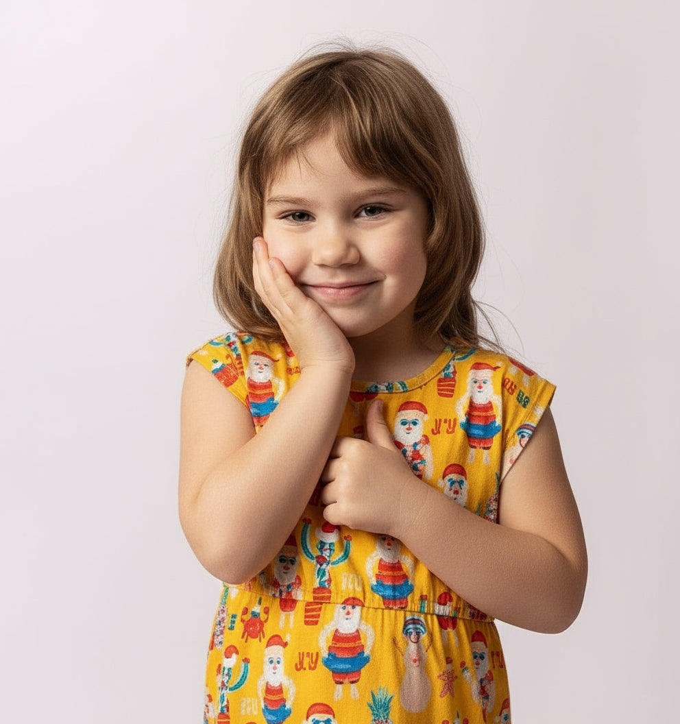 Young girl wearing a yellow dress with a pattern of cartoon characters on a white background