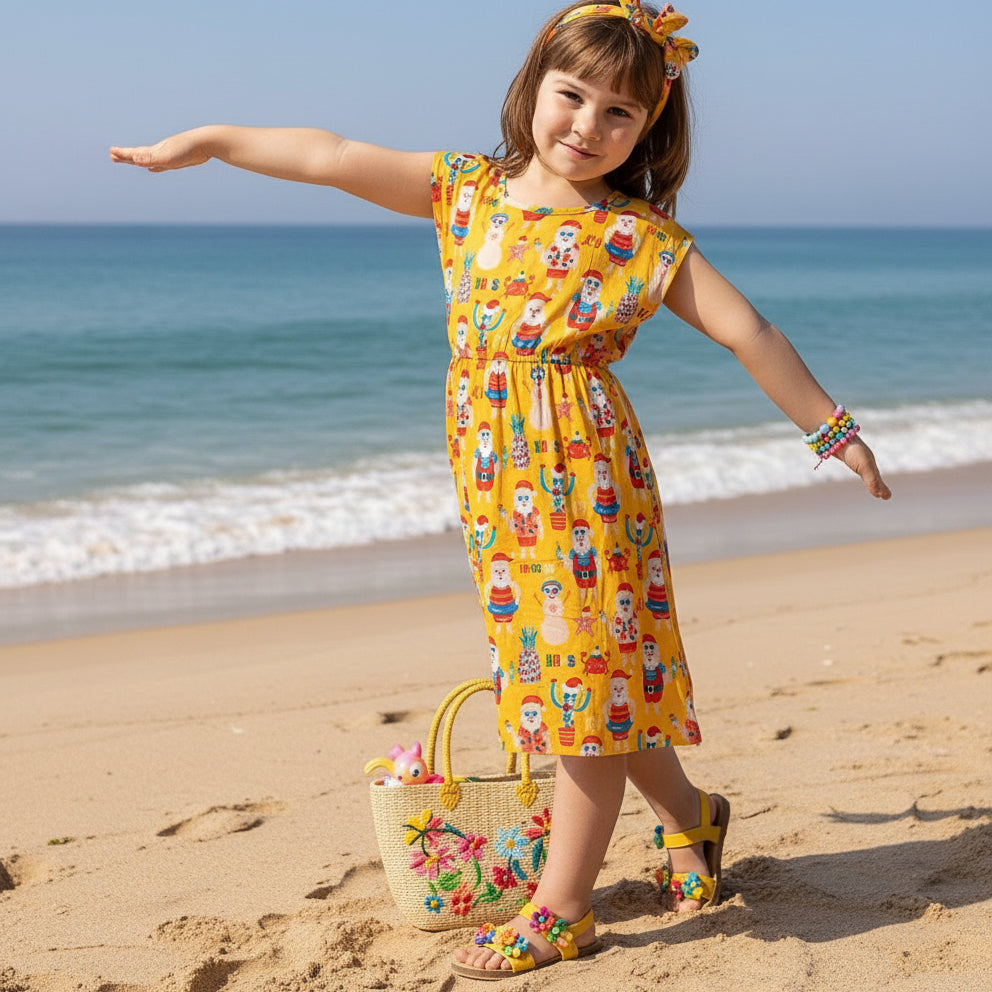 Young girl wearing a yellow dress with colorful patterns on a white background