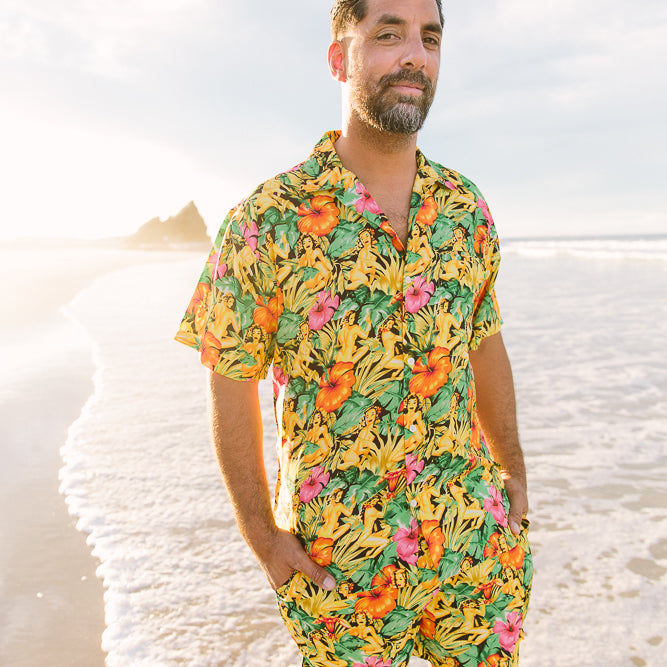 Passion Paradise Adult Shorts with tropical print and yellow floral Hawaiian shirt; festive beachwear style. | Tropicool Clothing