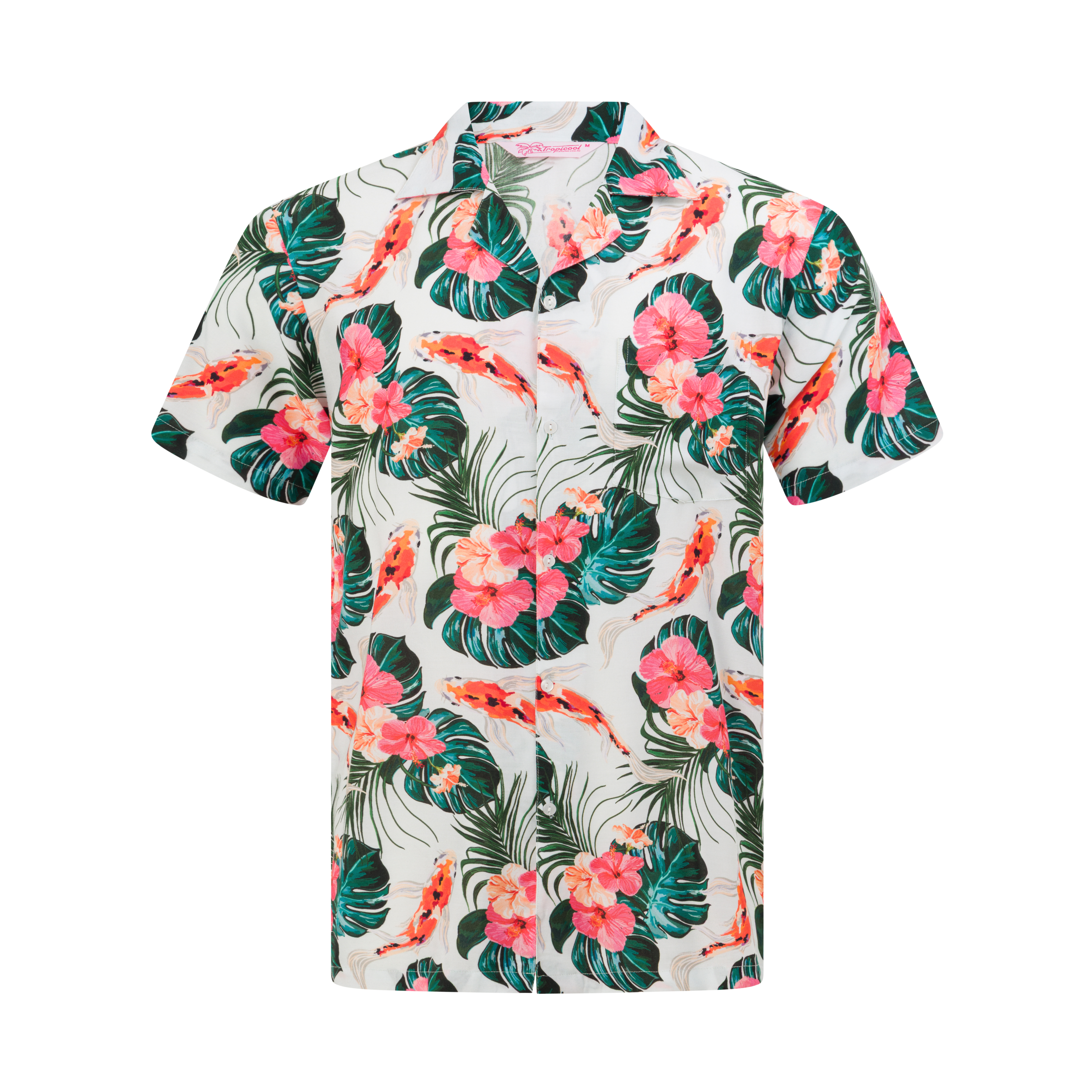 A short-sleeve button-up Hawaiian-style shirt with a tropical print featuring pink hibiscus flowers, green monstera leaves, and orange koi fish on a white background.