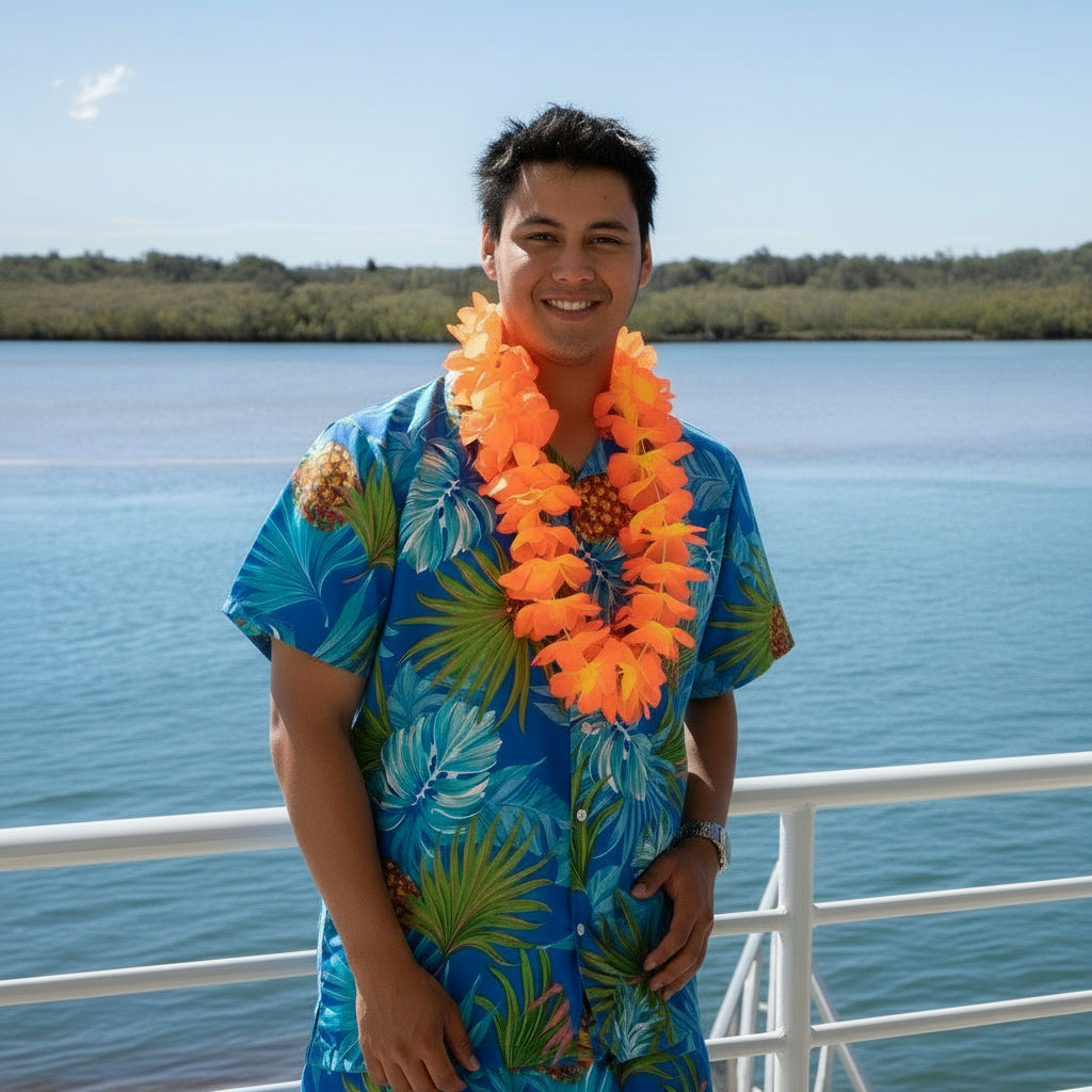 Person wearing a colorful shirt and orange hawaiian flower lei tropical party accessory,with water and blue sky in the background