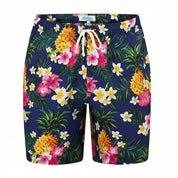 Navy blue Hawaiian shorts with drawstring waist, featuring vibrant tropical flowers and pineapple print. | Tropicool Clothing