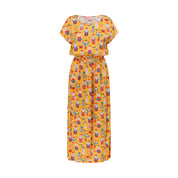 Long yellow maxi dress with festive cartoon Christmas print and elastic waist, tropical holiday style. | Tropicool Clothing