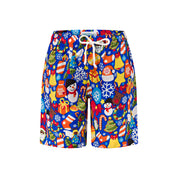 Blue kids shorts with Christmas-themed festive icons; tropical holiday pattern; casual seasonal style. | Tropicool Clothing