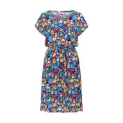 Blue Christmas dress with vibrant holiday print featuring snowflakes, ornaments, and festive icons. | Tropicool Clothing
