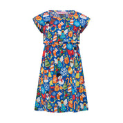 Blue childrens Christmas dress with snowflakes, present boxes, trees, and snowmen festive print. | Tropicool Clothing