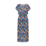 Blue maxi dress with festive Christmas patterns, ideal for tropical holiday and summer celebrations. | Tropicool Clothing