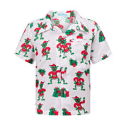 White kids’ short-sleeve tee with green and red gremlins, festive gift box holiday print. | Tropicool Clothing