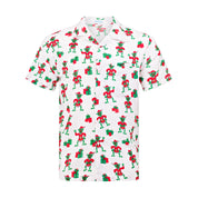 White short-sleeve Christmas shirt with cartoon elves and gifts, festive holiday pattern. | Tropicool Clothing