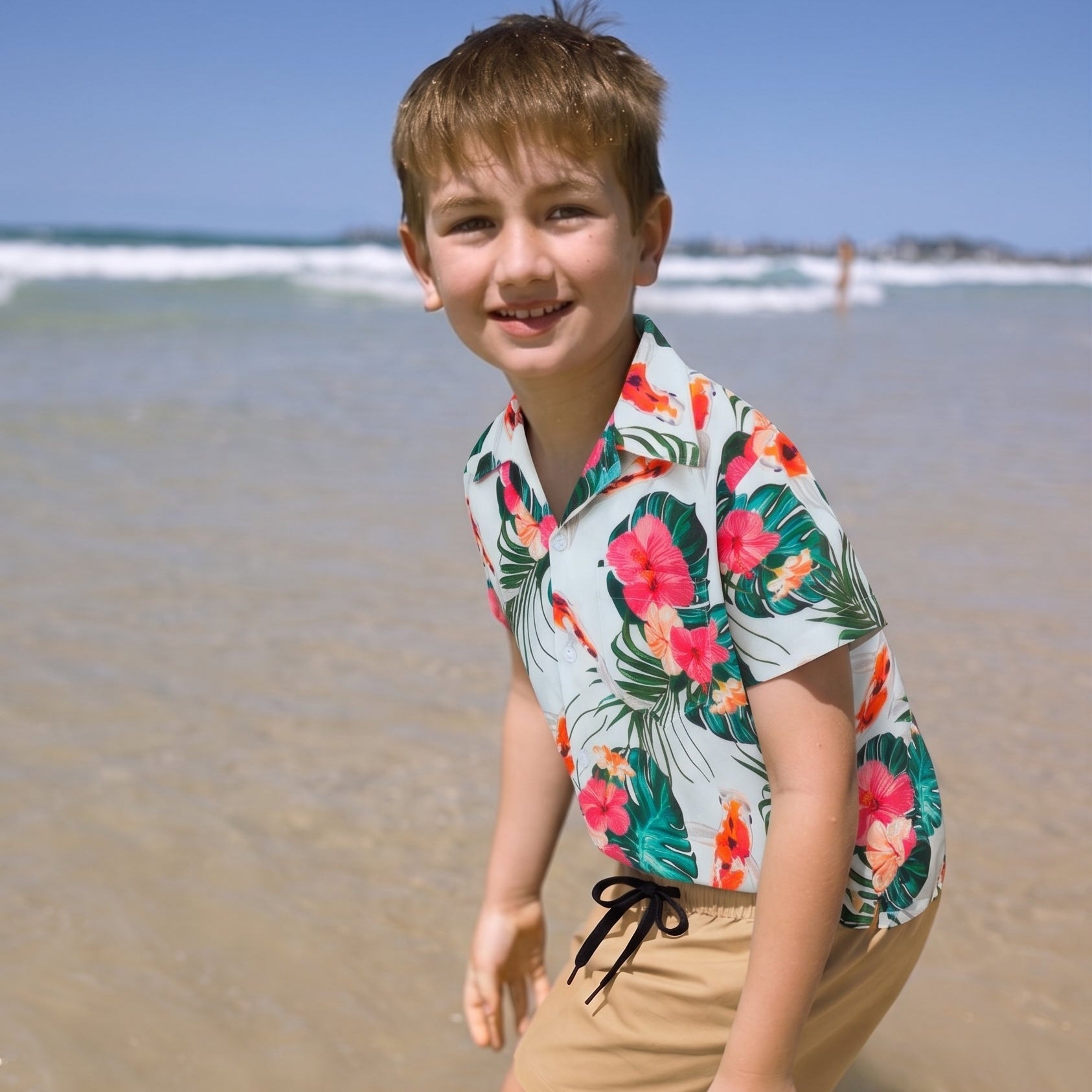Kids’ Hawaiian shirt with vibrant koi fish pattern on soft rayon fabric; festive tropical apparel. | Tropicool Clothing
