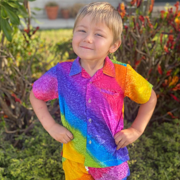 Rainbow Kids Shirt and Shorts Set with multicolor stripes, tropical festive design, summer apparel. | Tropicool Clothing