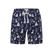 Navy kids swim shorts with white drawstring, festive tree and reindeer print, Christmas tropical style. | Tropicool Clothing
