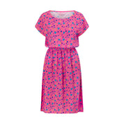 Pink short-sleeve tropical dress with an elastic waist and bold multicolored geometric festive pattern. | Tropicool Clothing