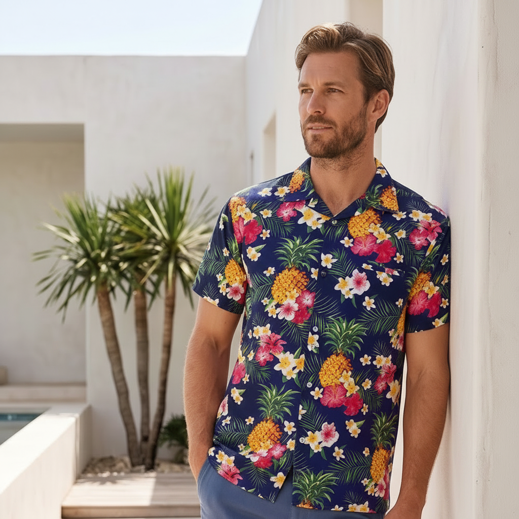 Man wearing a colorful floral shirt and blue shorts standing in a tropical setting.