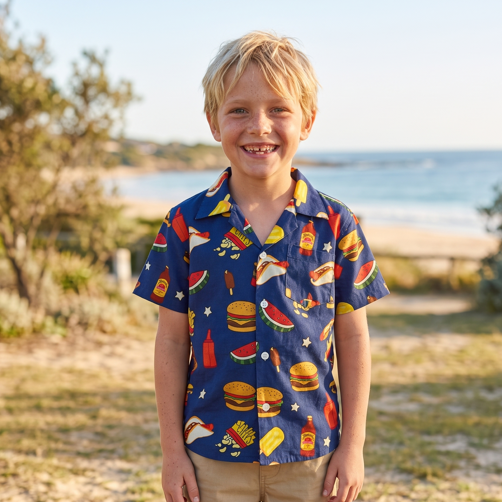 A young boy stands outdoors on a sandy beach wearing a navy blue short-sleeve camp shirt with a colorful fast-food print and khaki shorts.