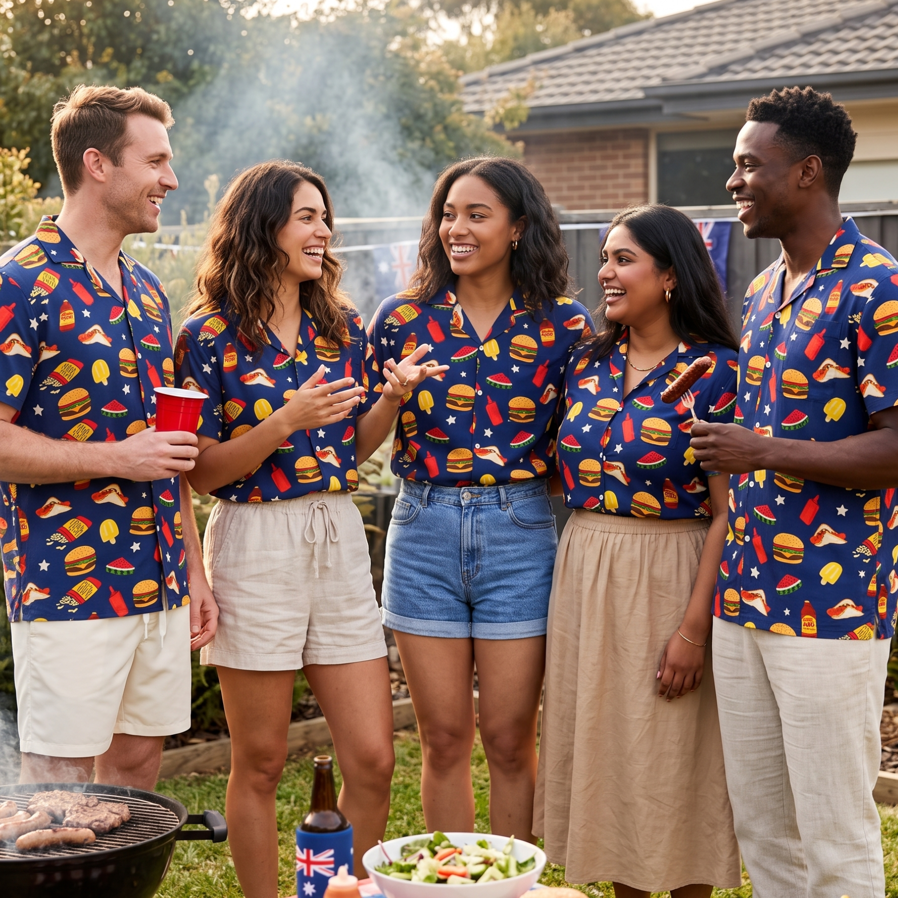 Four people standing together outdoors at a backyard barbecue, wearing matching navy blue short-sleeve shirts covered in a colorful food print (burgers, pizza, tacos, drinks) paired with neutral shorts or skirts. A grill, food, and Australian flags are visible in the scene.