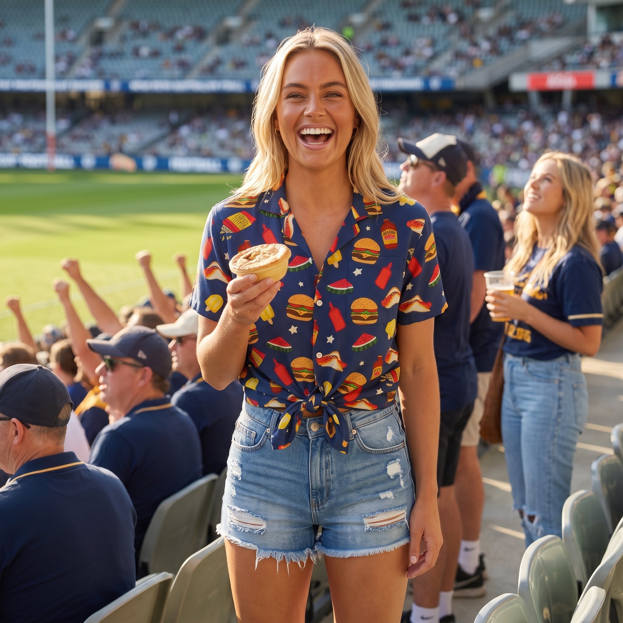 A woman stands in a stadium crowd wearing a navy short-sleeve button-up shirt with a colorful burger, fries, and star print, tied at the waist with denim shorts. She is smiling and holding a donut.
