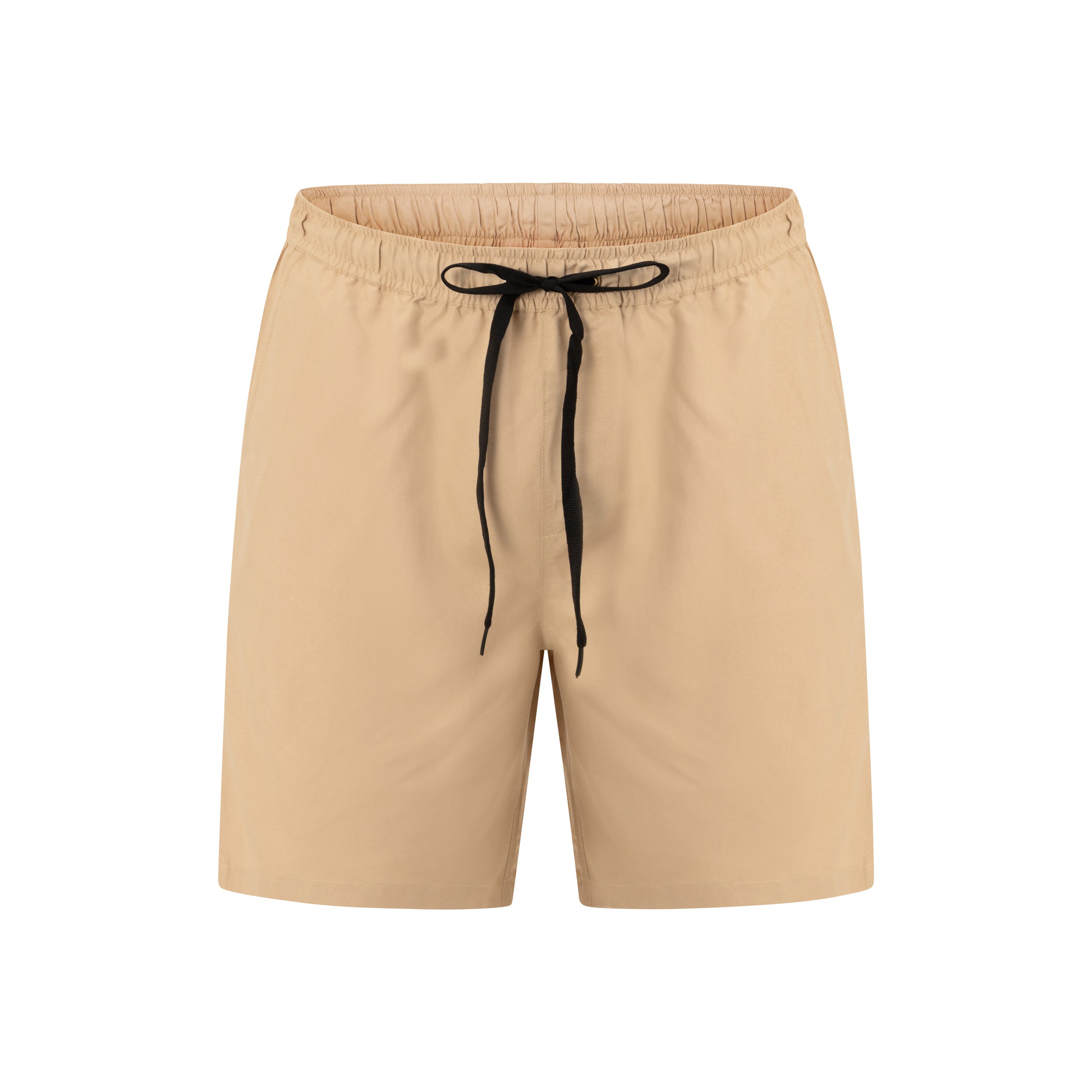 Beige trunks with a black drawstring, shown flat against a white background.