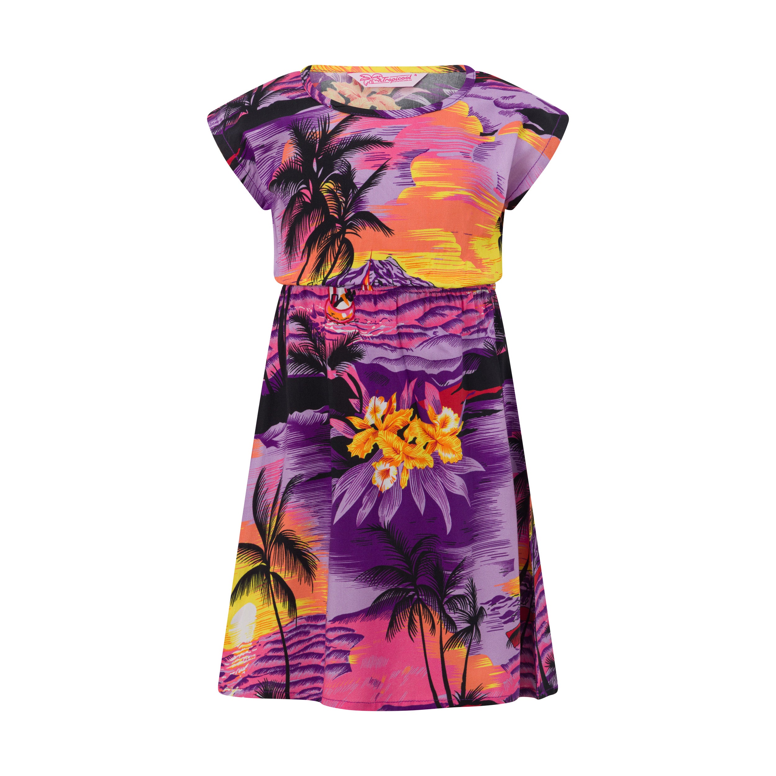 Sunset purple knee-length dress with pink, orange, and yellow palm tree tropical print. | Tropicool Clothing