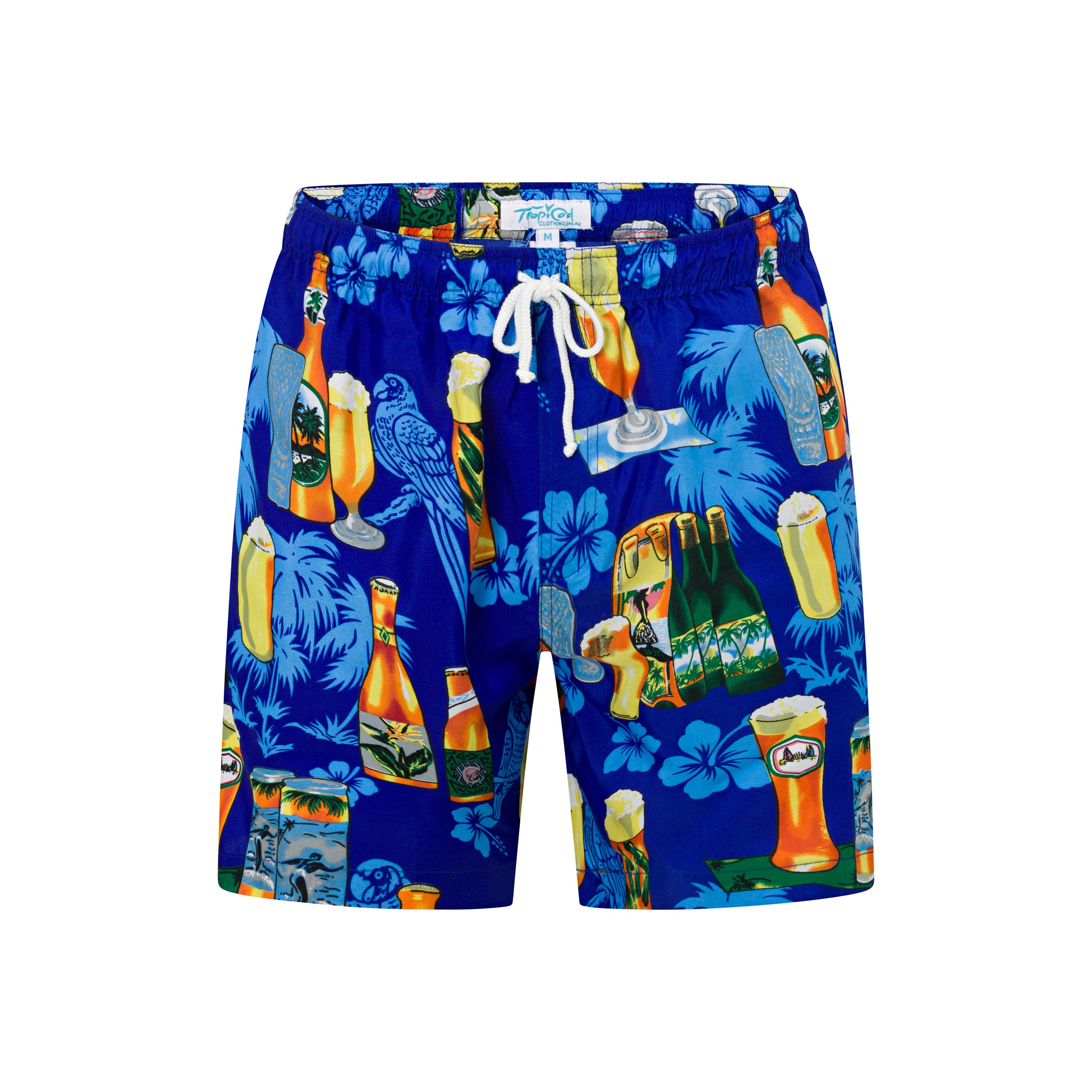 Brewski Blue Adult Shorts with tropical beer, cocktail, and flower pattern; white drawstring; festive style. | Tropicool Clothing