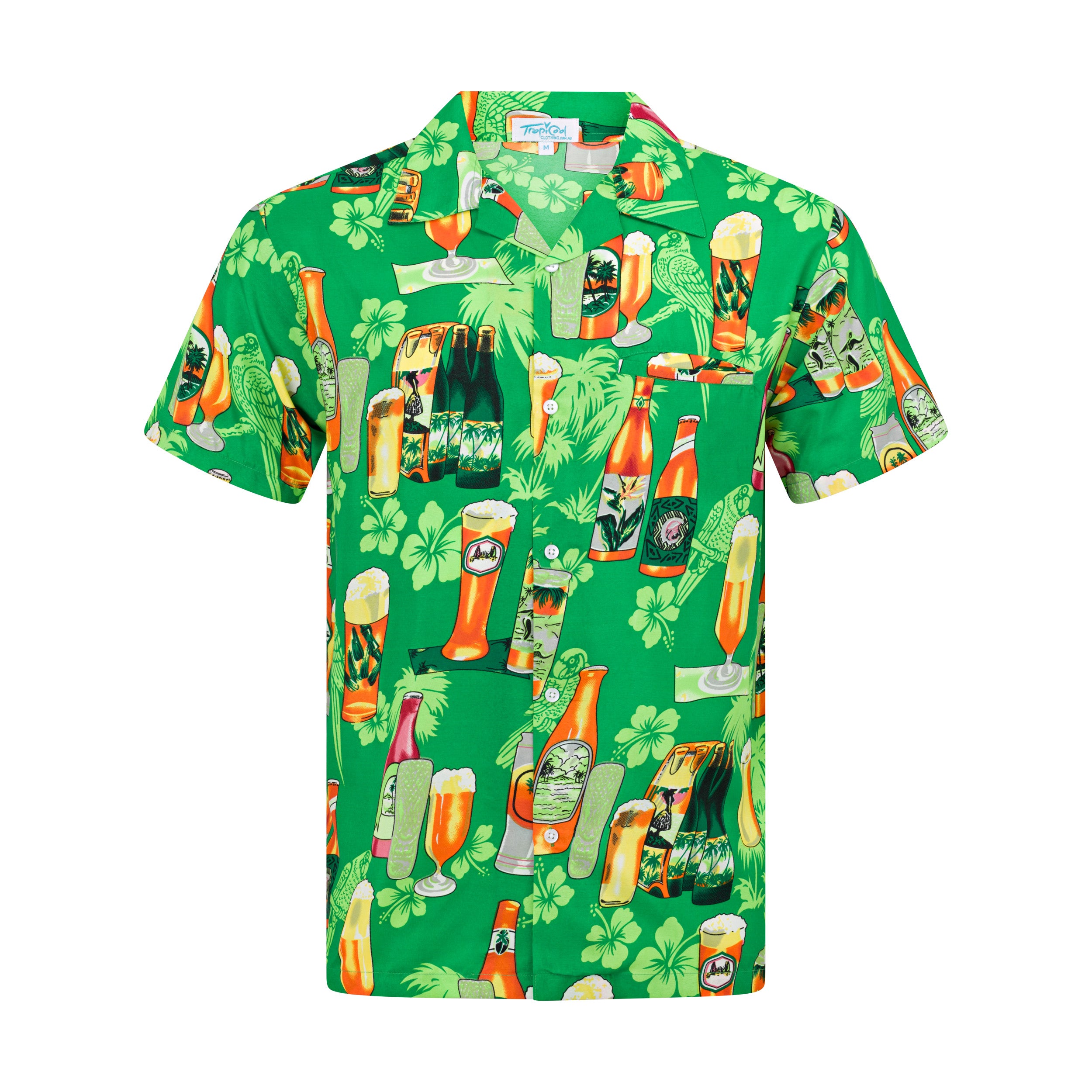 Green adult shirt with all-over beer bottle, glass, and shamrock pattern; festive party apparel. | Tropicool Clothing