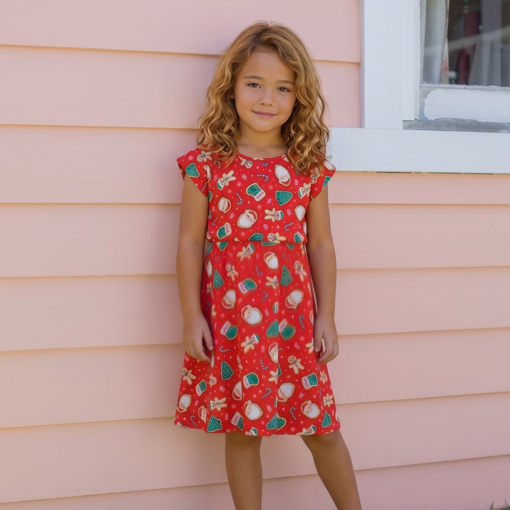 A young girl with curly light brown hair stands outdoors against a peach-pink house wall, wearing a red knee-length dress with a festive holiday print of green pine trees, white ornaments, and gold stars. She is wearing white sneakers.