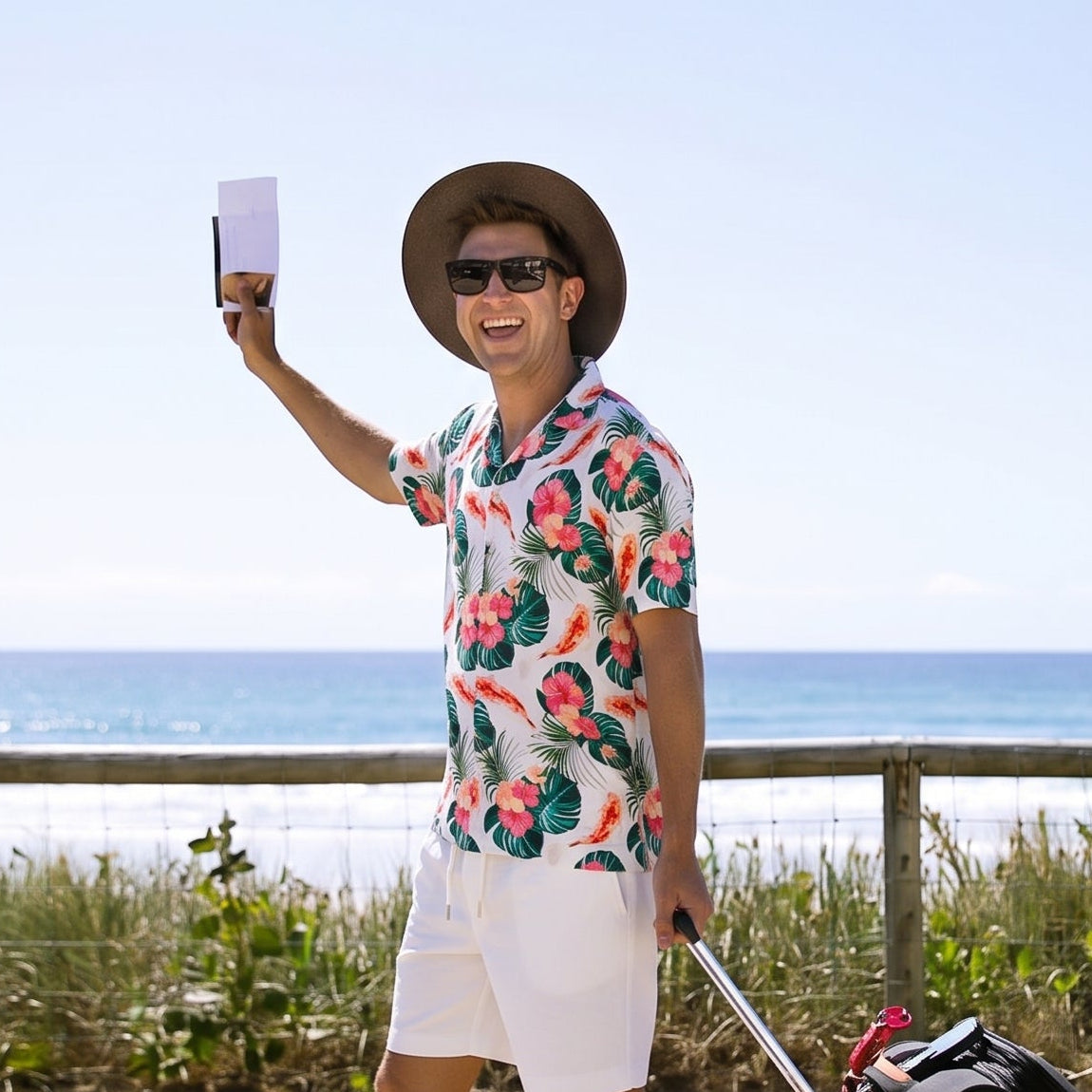 A man wearing a tropical print short-sleeve shirt, white shorts, and a straw hat takes a selfie while pulling a black rolling suitcase on a sunny day by the beach.