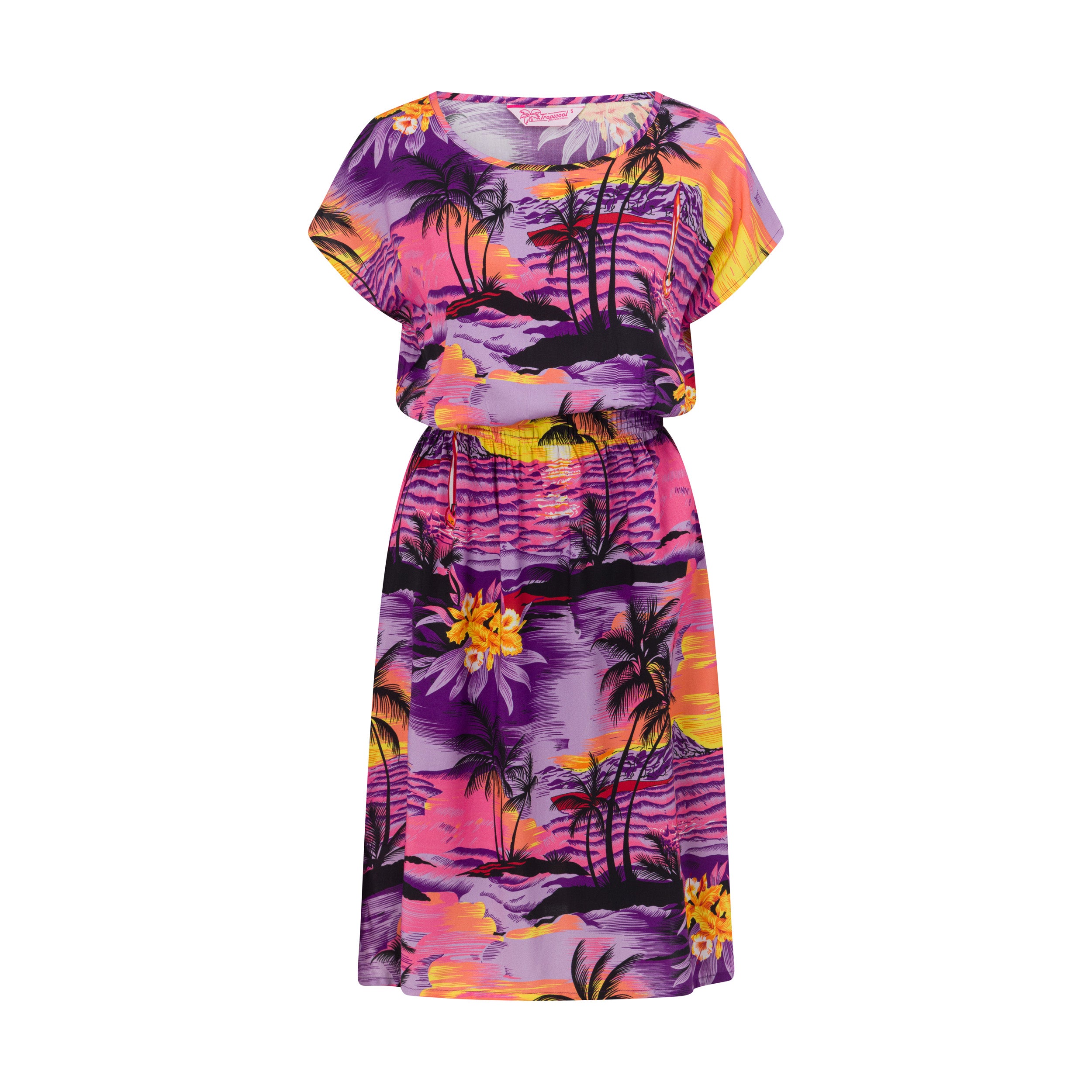 Sunset Purple Isla Dress with vibrant tropical sunset and palm tree print; festive vacation style. | Tropicool Clothing