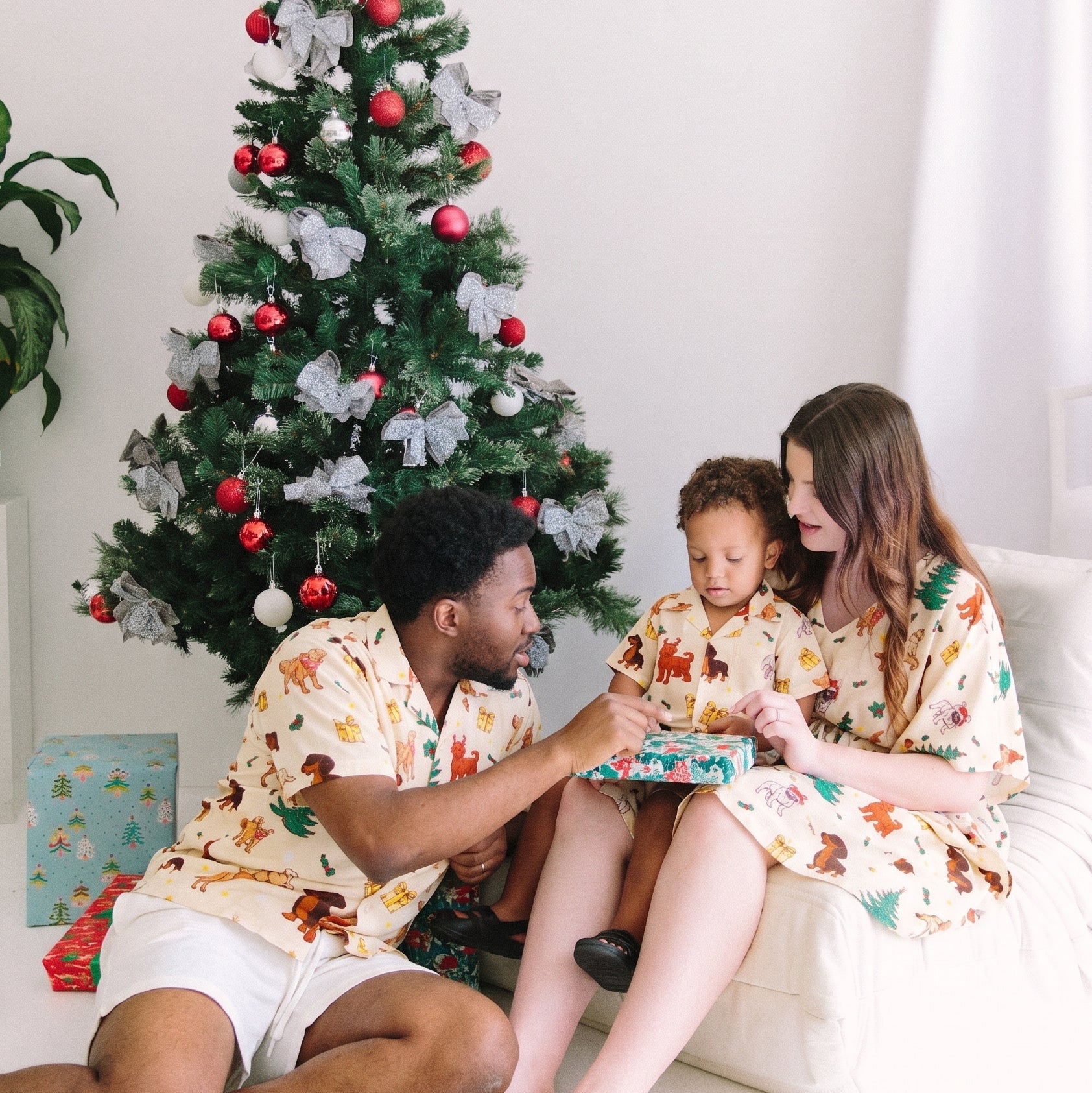 Red and green kaftans featuring festive dog and pine tree prints, ideal for tropical Christmas celebrations. | Tropicool Clothing