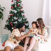 Red and green kaftans featuring festive dog and pine tree prints, ideal for tropical Christmas celebrations. | Tropicool Clothing