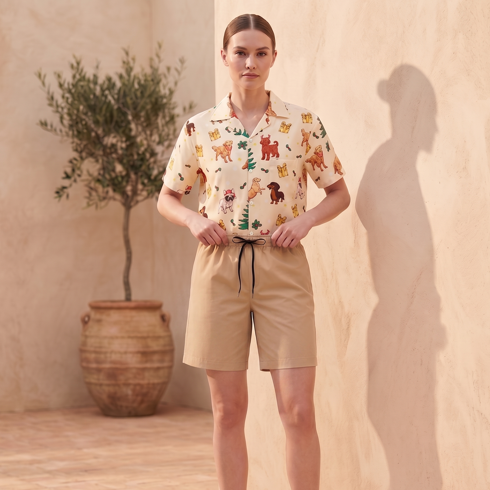 A woman stands in a warm, sunlit studio setting wearing a short-sleeve collared shirt with a colorful animal print and beige shorts with a black drawstring. She is posed against a textured beige wall with a large shadow, with a potted olive tree in the background.