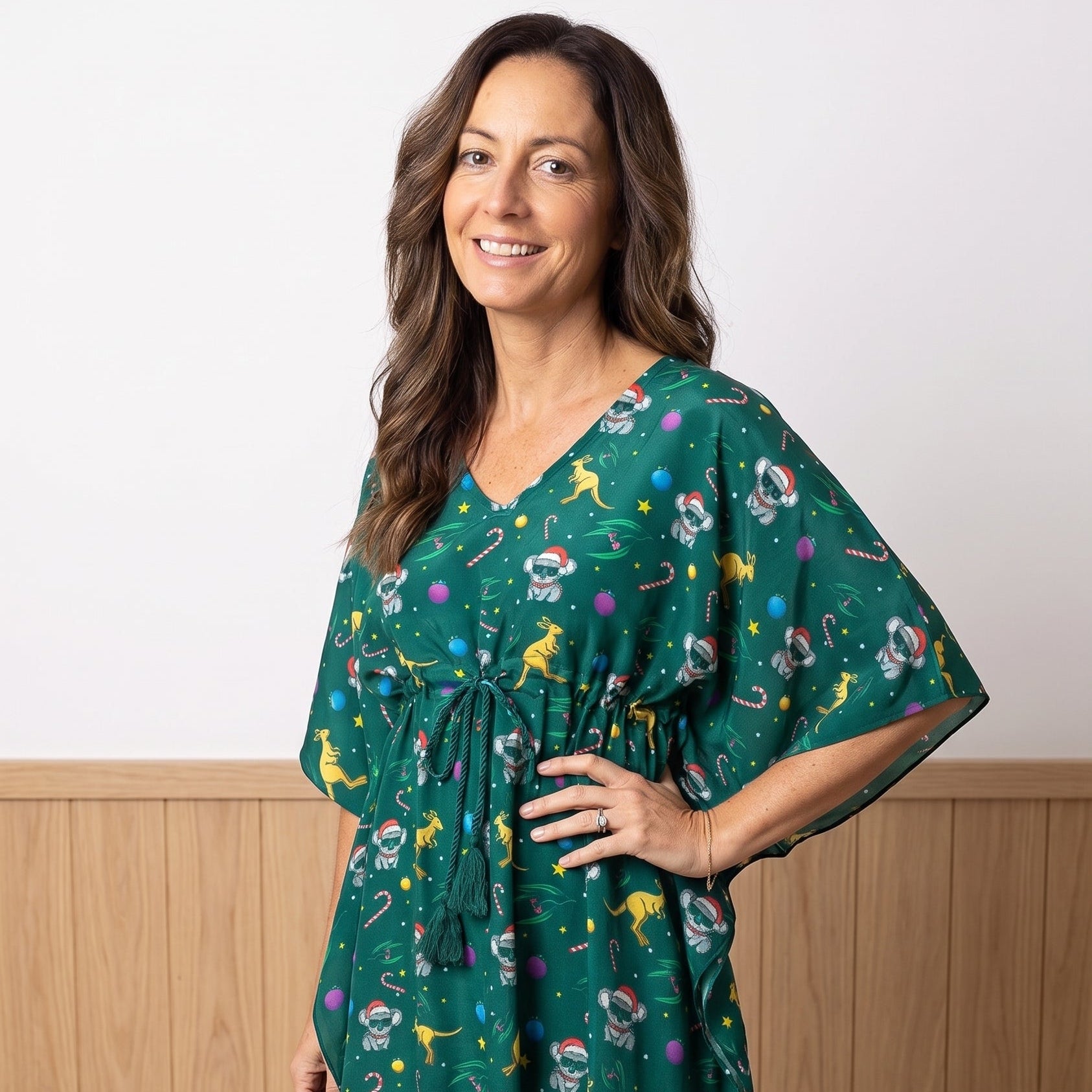 Christmas KoalaRoo rayon kaftan with festive red, green, and white tropical holiday patterns. | Tropicool Clothing