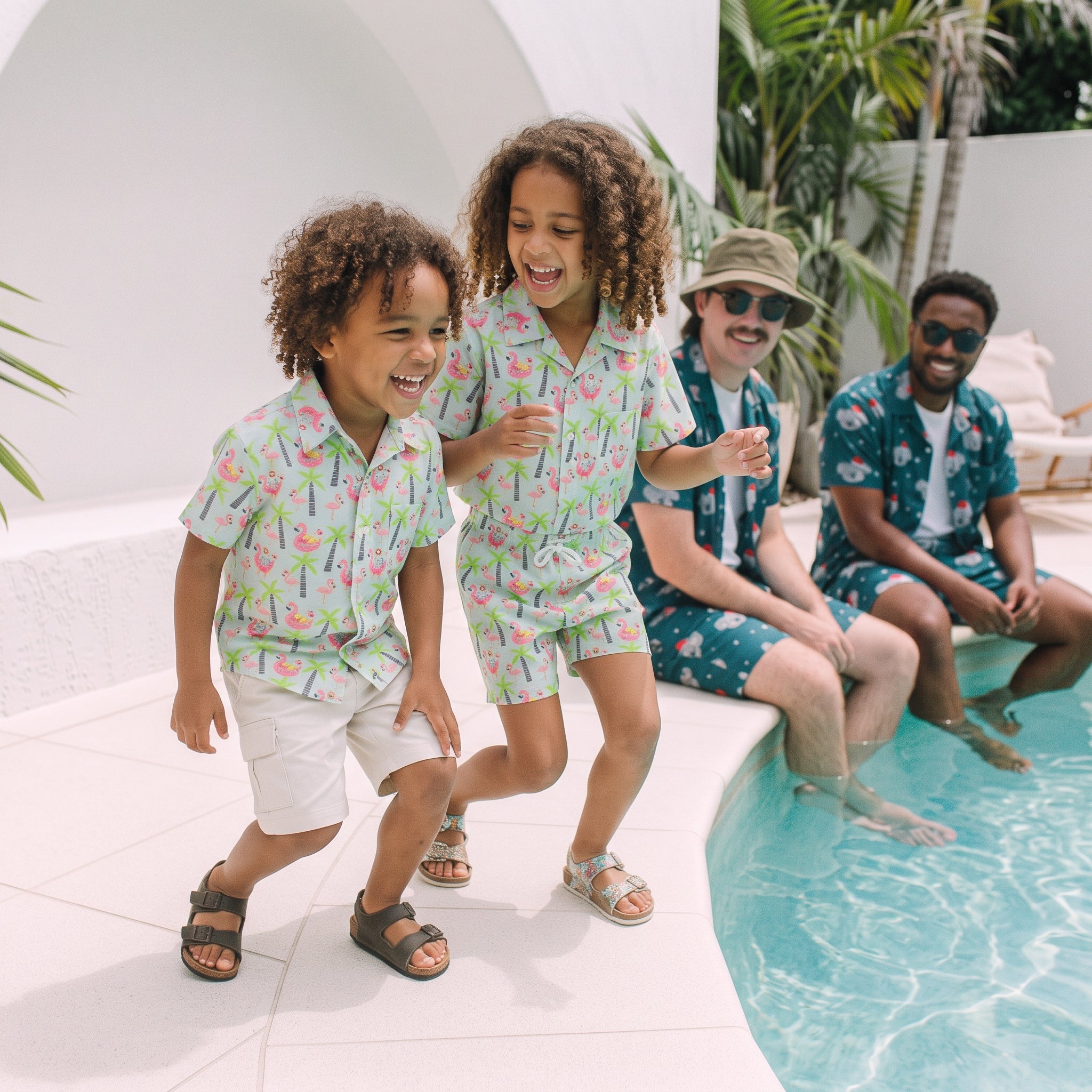 A family of four wearing matching tropical print swim shirts and shorts sets poses by a swimming pool. Two children are standing and smiling on the left, while two adults sit on the pool deck on the right.