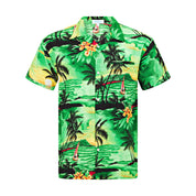 Sunset green short-sleeve Hawaiian shirt with palm trees, yellow flowers, and sailboats tropical print. | Tropicool Clothing