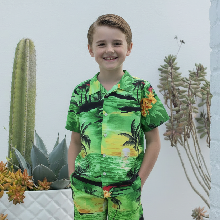Kids Sunset Green Hawaiian shirt and shorts set with palm tree and yellow flower tropical print. | Tropicool Clothing