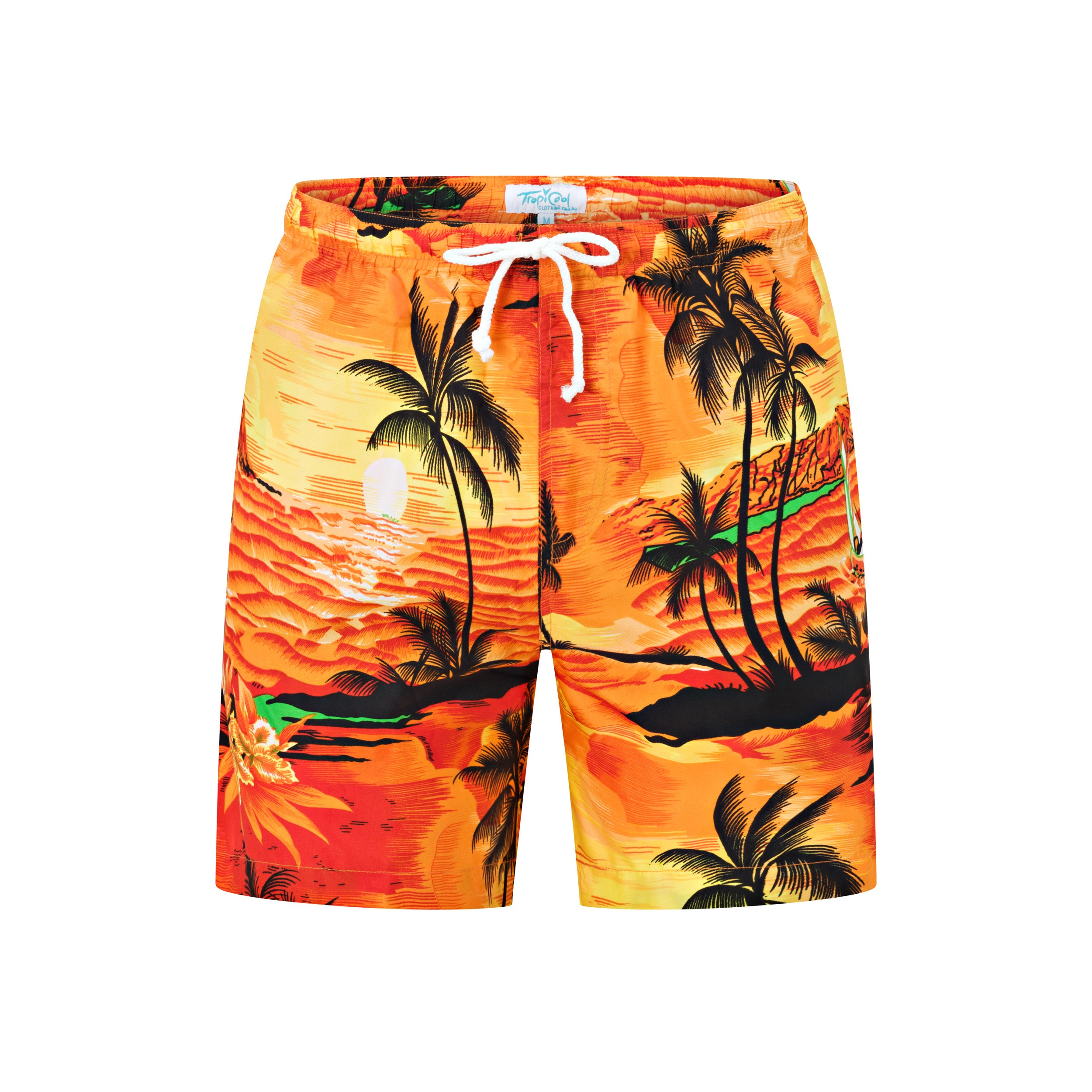Sunset orange shorts with tropical beach and palm tree print, white drawstring, and elastic waistband. | Tropicool Clothing