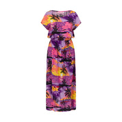 Maxi dress with vivid purple, orange, and yellow tropical sunset print featuring palm trees. | Tropicool Clothing