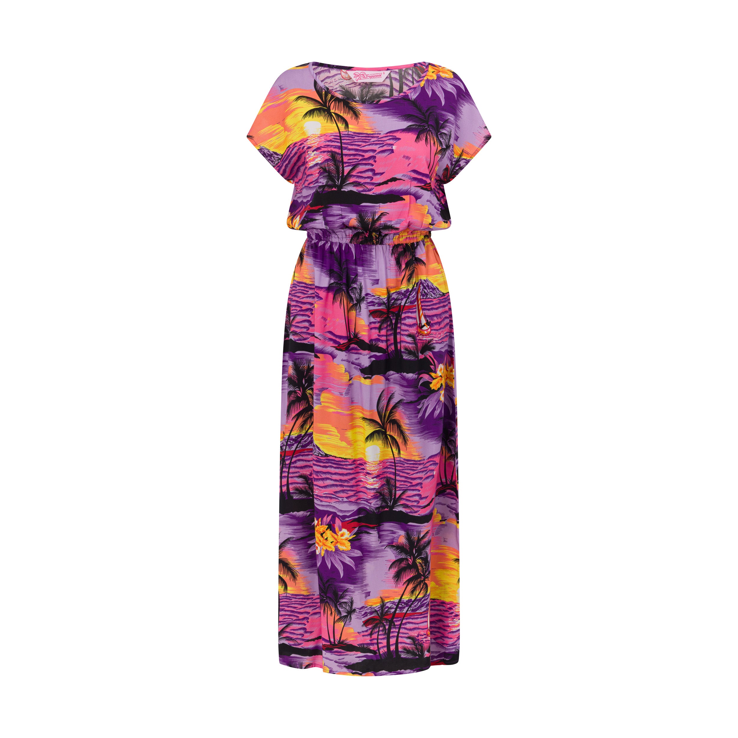 Maxi dress with vivid purple, orange, and yellow tropical sunset print featuring palm trees. | Tropicool Clothing