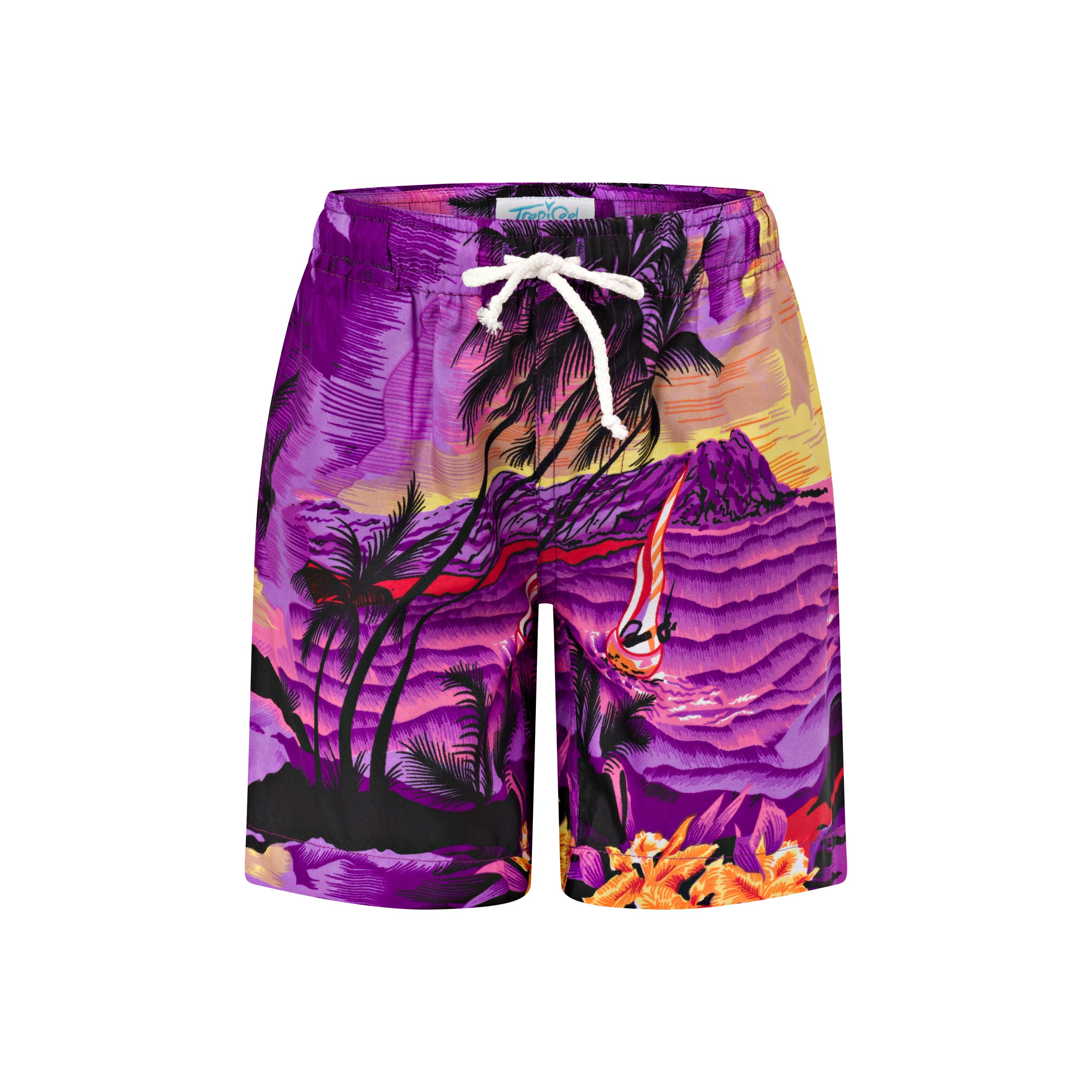 The Sunset Purple Kids Hawaiian Shirt and Shorts Set features a vibrant sunset, palm trees, and surfer design—perfect for the ultimate summer outfit.