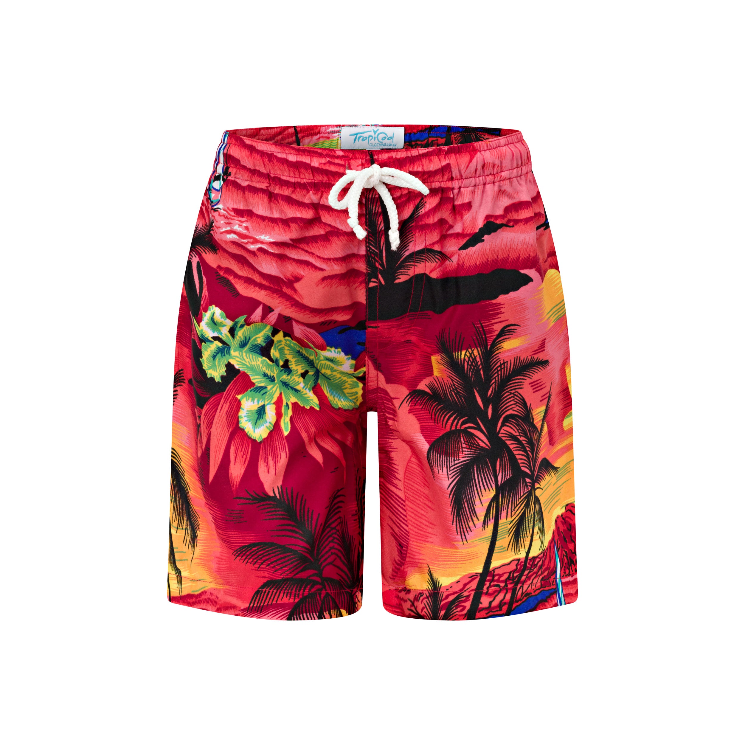 Sunset red adult shorts featuring black palm tree pattern, green leaves, and white drawstring; tropical festive style. | Tropicool Clothing