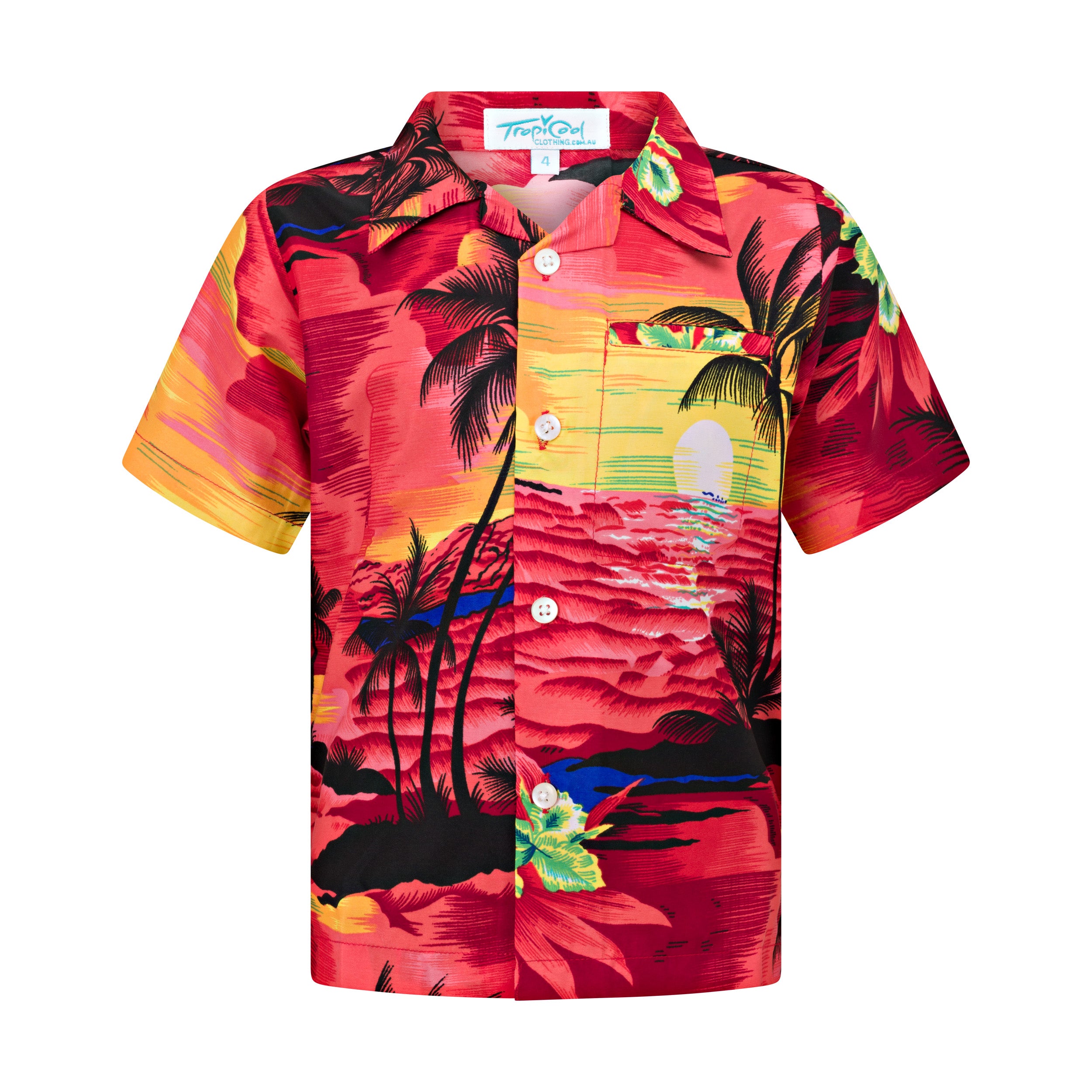 Red kids Hawaiian shirt with tropical sunset, black palm trees, and beach print on soft polyester. | Tropicool Clothing