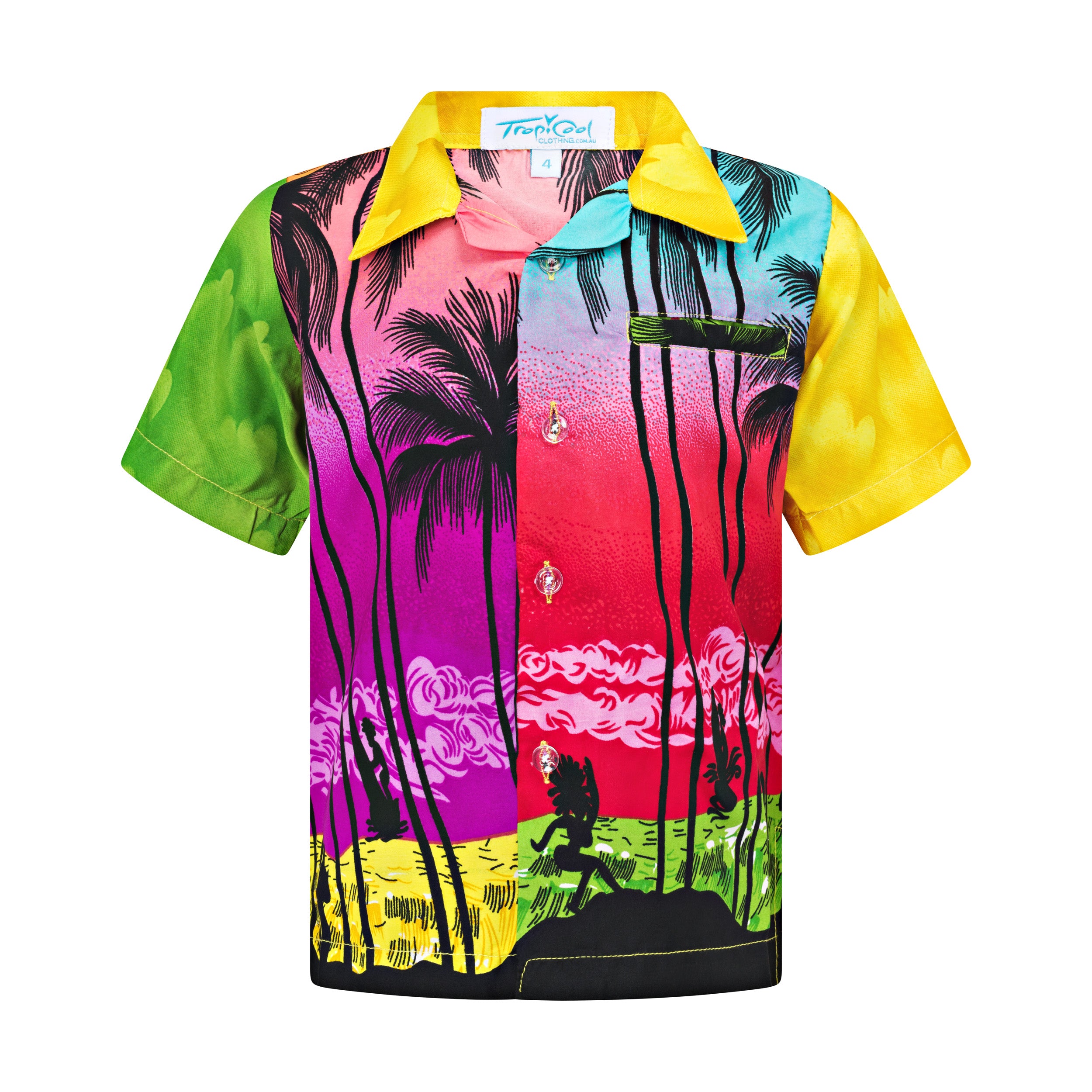 Multicolour Hawaiian kids shirt with tropical sunset, palm tree, and surfer print; festive party wear. | Tropicool Clothing