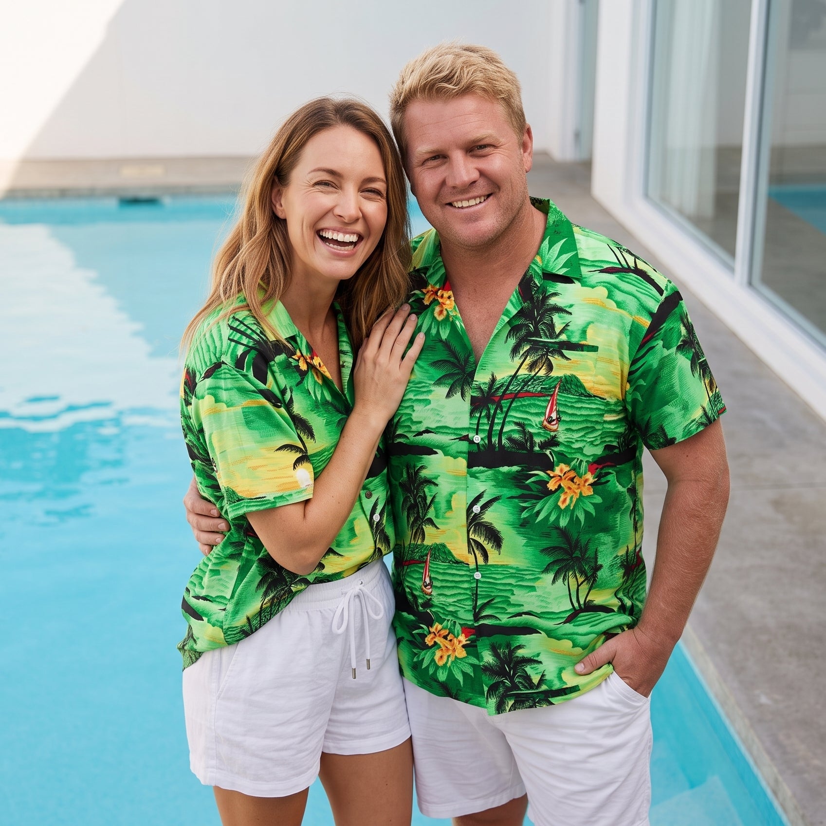 A smiling couple standing next to a swimming pool, wearing matching green tropical palm tree print short-sleeve button-up shirts and white shorts.