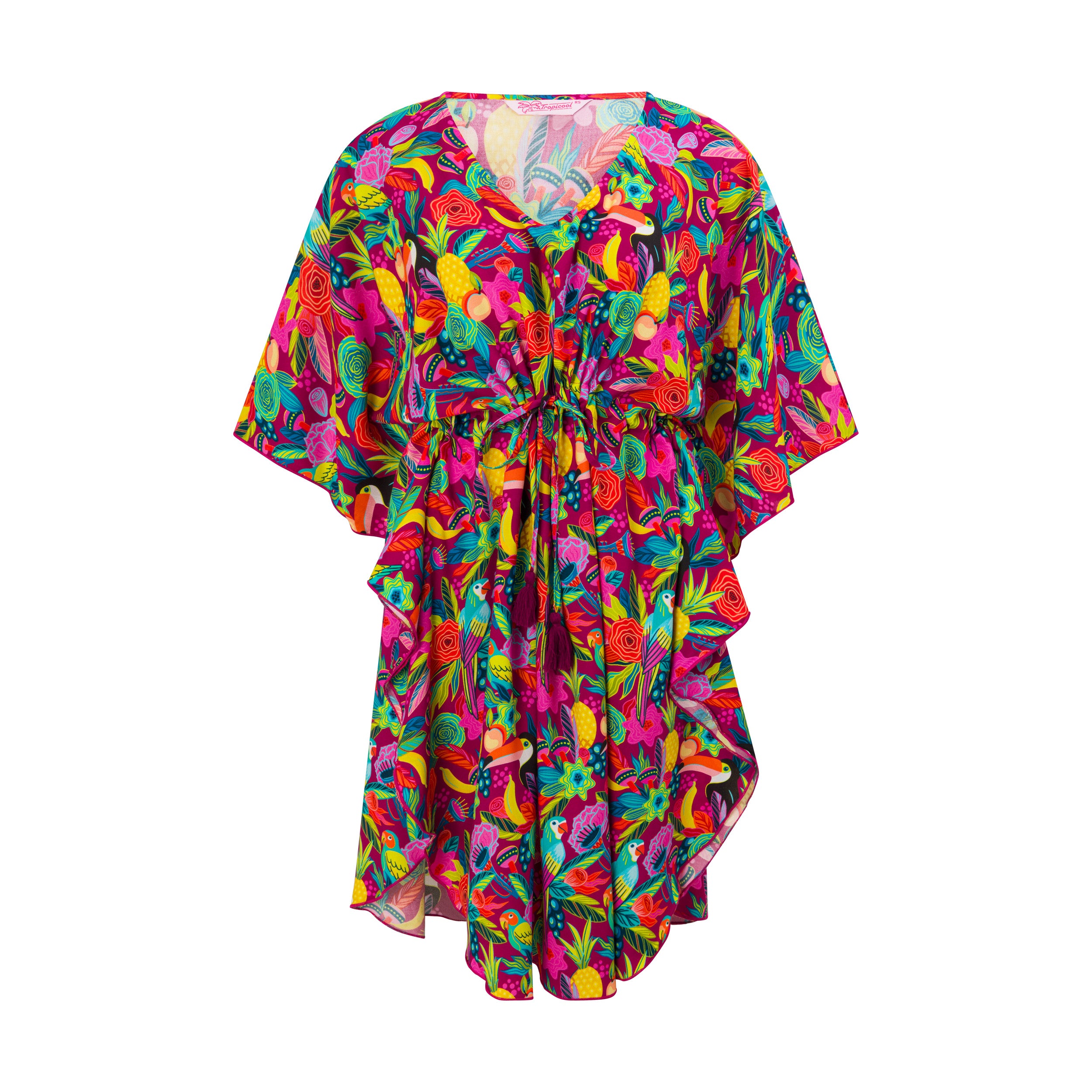 Colorful Hawaiian kaftan with toucan and tropical floral pattern, short sleeves, cinched waist, ruffled hem. | Tropicool Clothing