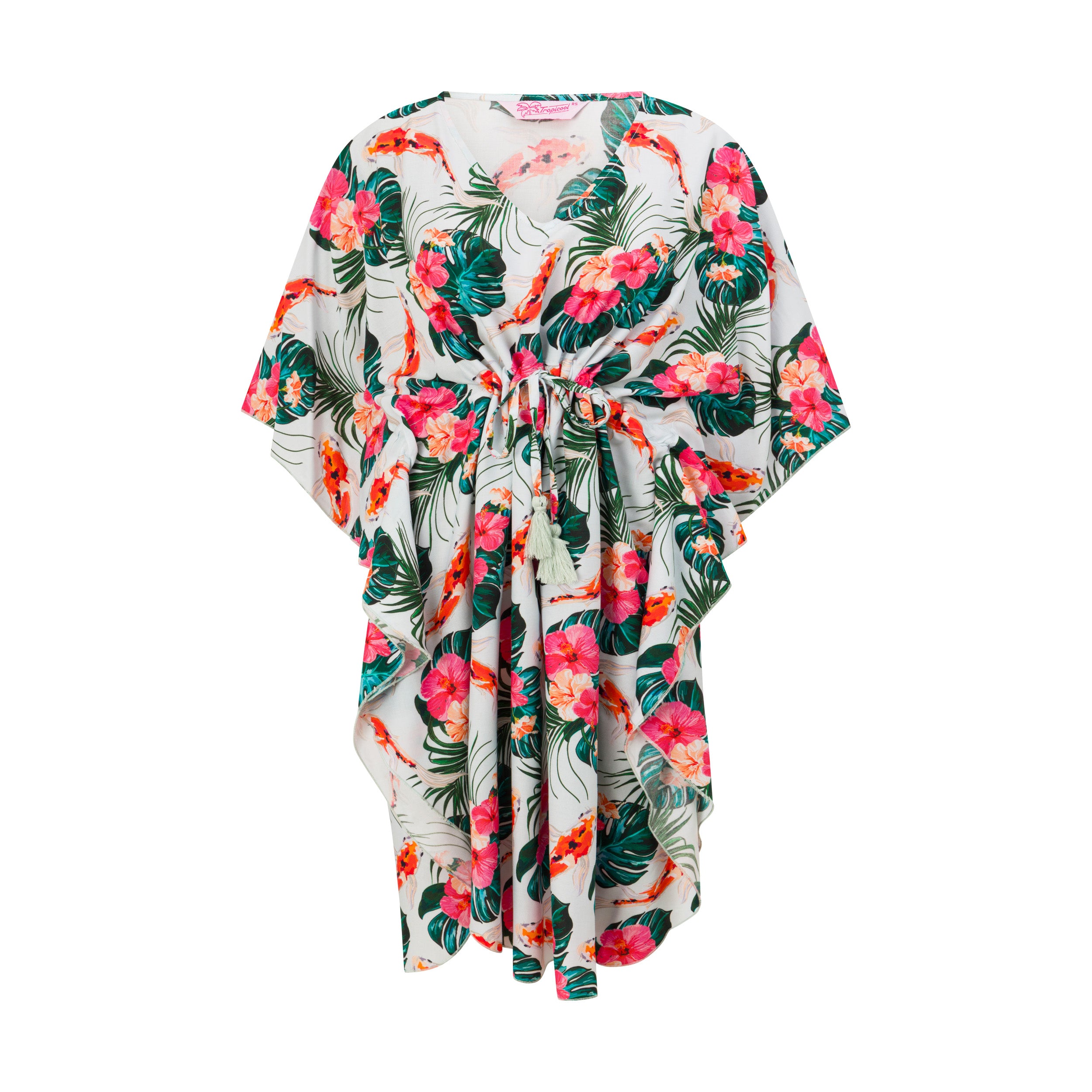 Tropical rayon kaftan with koi fish, pink and red flowers, green leaves, short sleeves, waist tie. | Tropicool Clothing