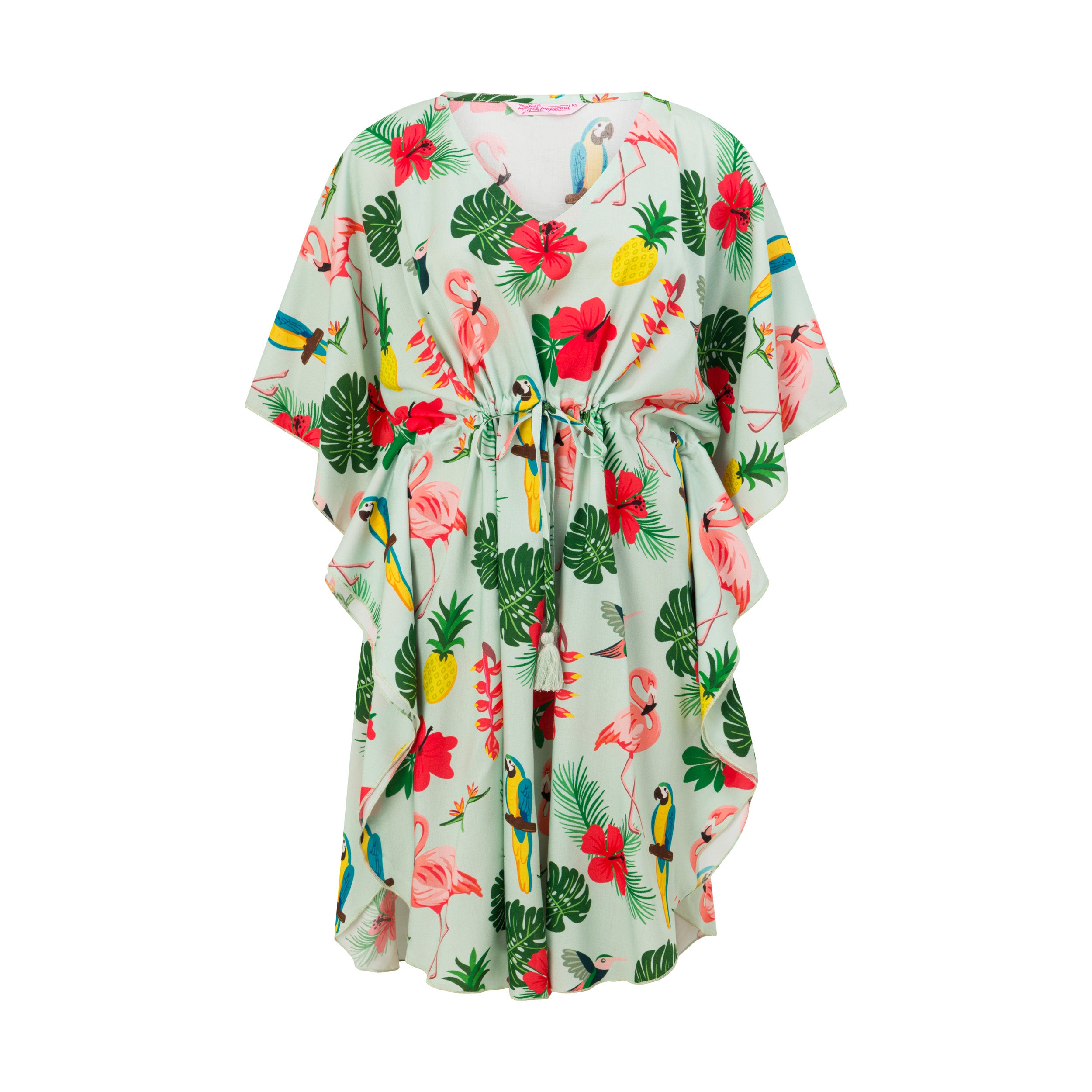 White rayon kaftan with short sleeves, drawstring waist, flamingo and palm leaf print, tropical flowers. | Tropicool Clothing