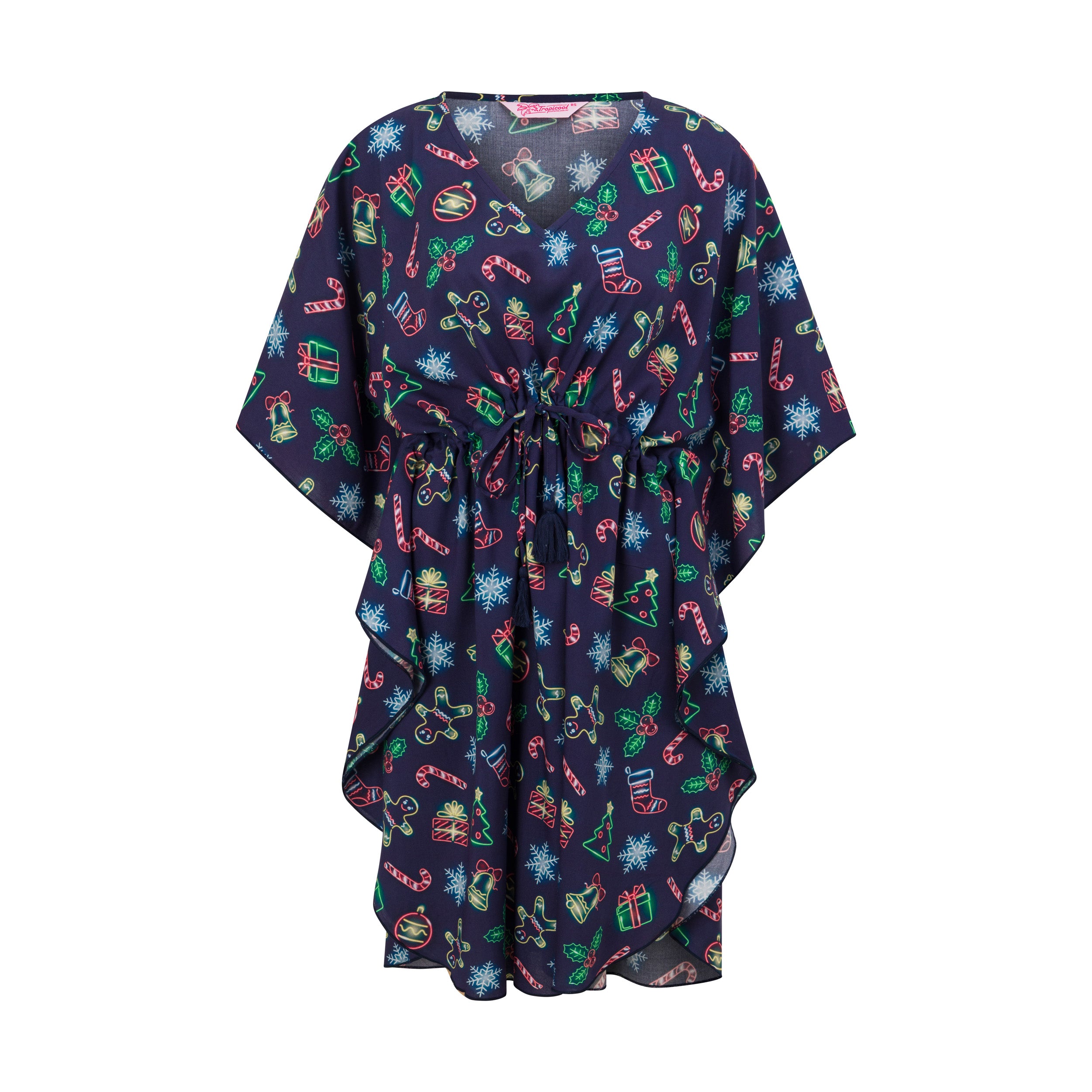 Neon Lights Rayon Kaftan with tropical multicolor festive prints and adjustable drawstring waist. | Tropicool Clothing